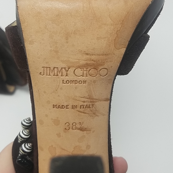 JIMMY CHOO 'Riv' Beaded T-Strap Sandal Suede Heel - Picture 9 of 9